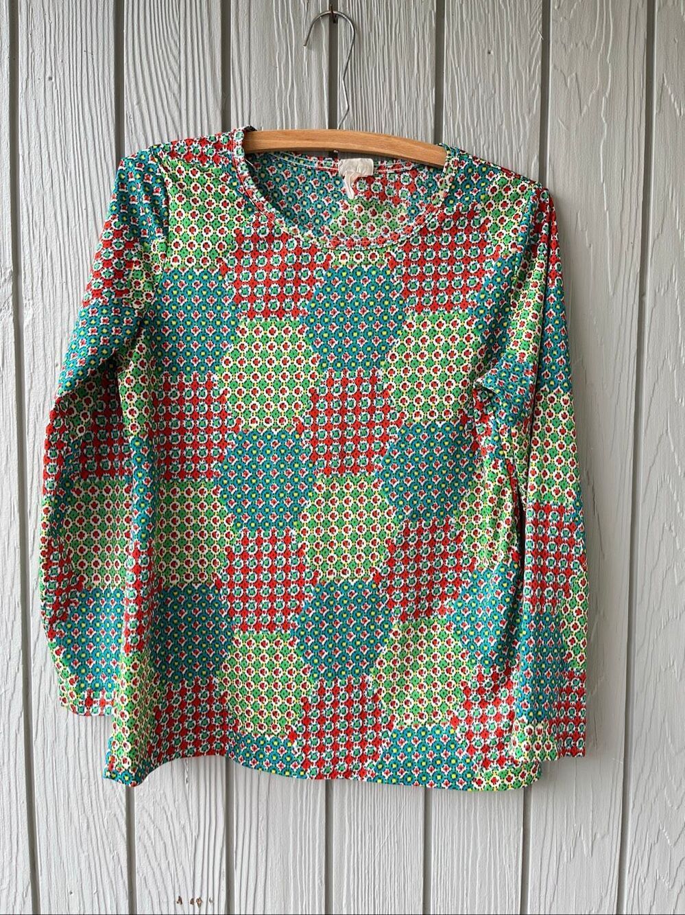 VTG 70s Aileen Mod Geometric Floral Print Long Sleeve Top M Retro Boho